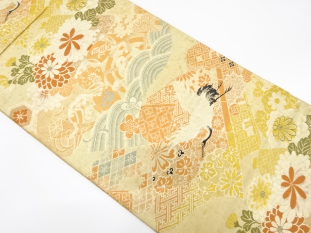 アンティーク　巻物に槌車・読み本・鶴模様織り出し丸帯（材料）